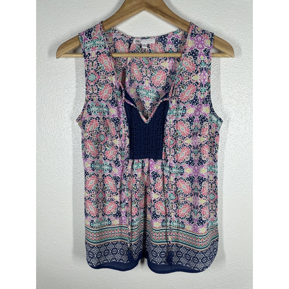 DR2 Blouse Womens Small Multicolor Geometric Crochet‎ Tassel Boho Tunic Top